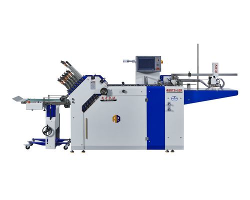 Máquina plegadora de inserciones de formato grande para folletos farmacéuticos, ancho 480 mm, con 12 bolsillos para la impresión de instrucciones farmacéuticas